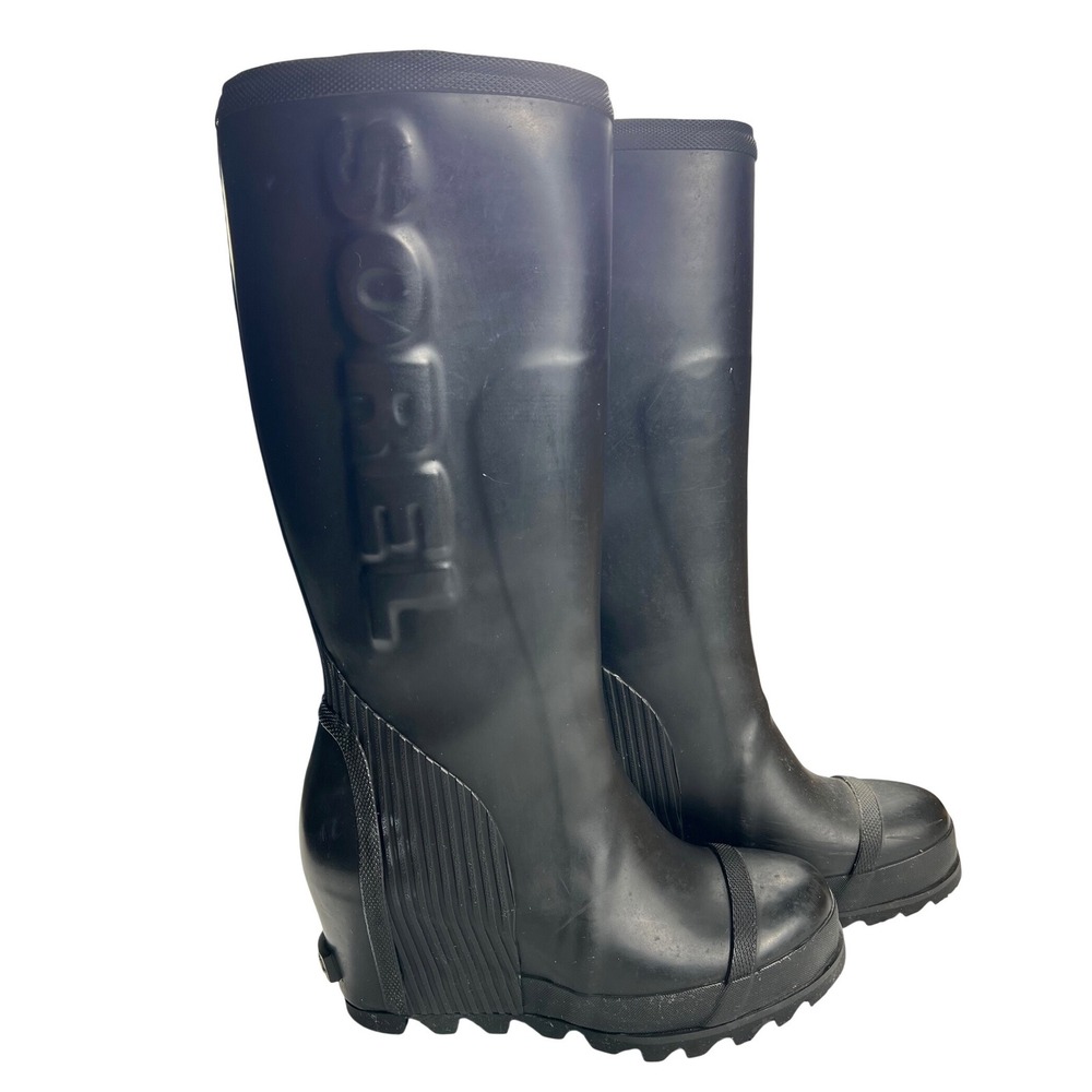 Sorel Joan of Arctic Wedge Rain Boots Size 6 Black Waterproof Rubber Outdoor EUC